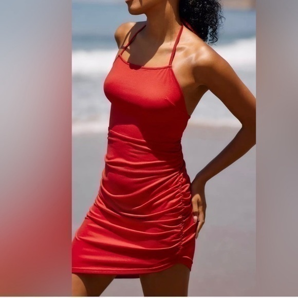 Anthropologie Dresses & Skirts - NEW Anthropologie X Hutch Ruched Red Asymmetrical Tie back halter Mini Dress